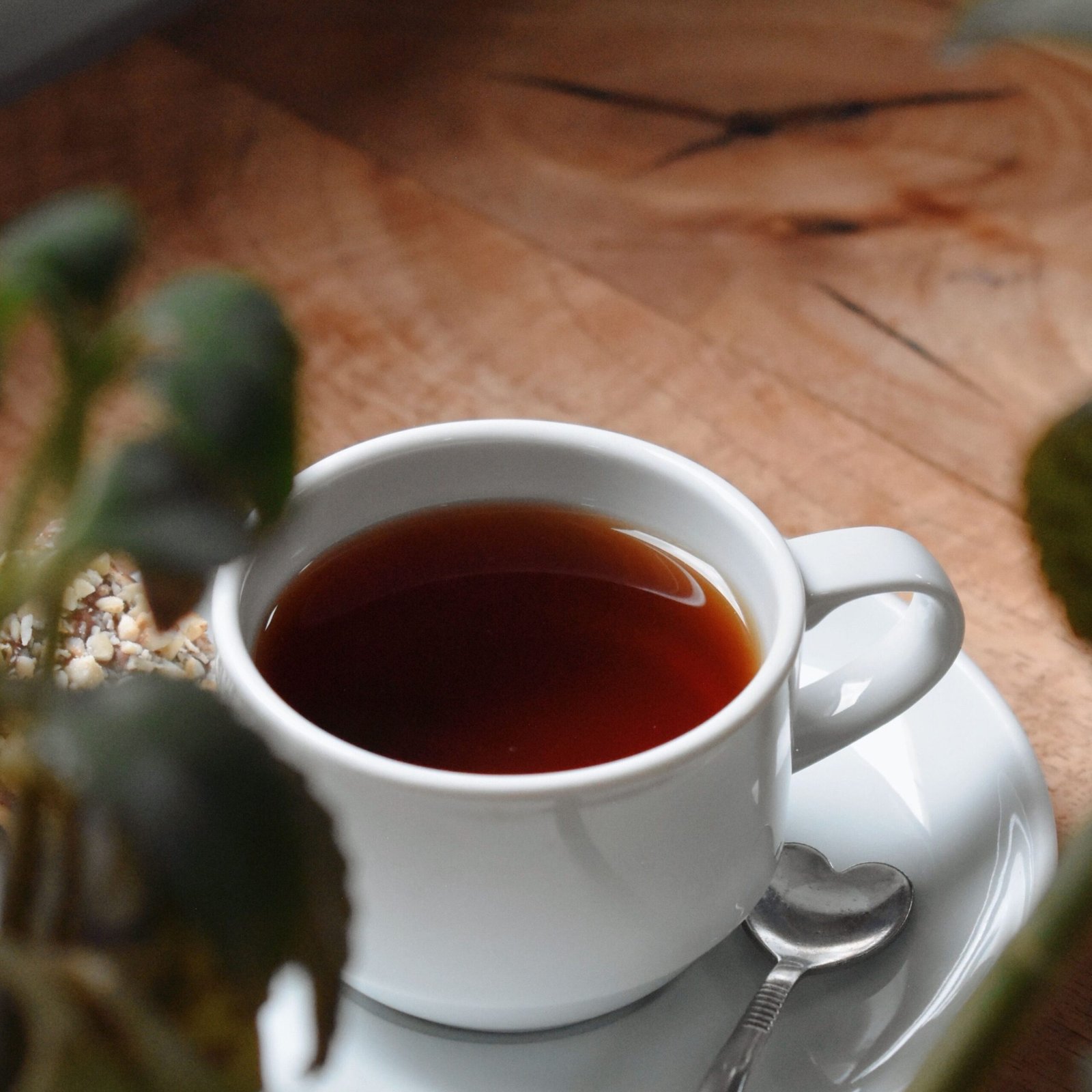 A comforting scene with a cup of tea amidst greenery on a wooden table.